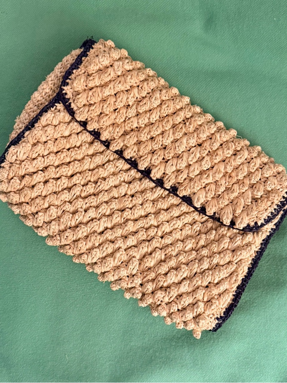 Mar Y Sol Straw Crocheted Clutch Bag in Beige with dark navy Trim NWOT